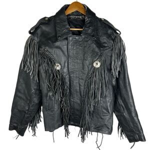 VINTAGE Leather FRINGE Motorcycle Zip Jacket BLACK Concho Biker Sz M / L Western